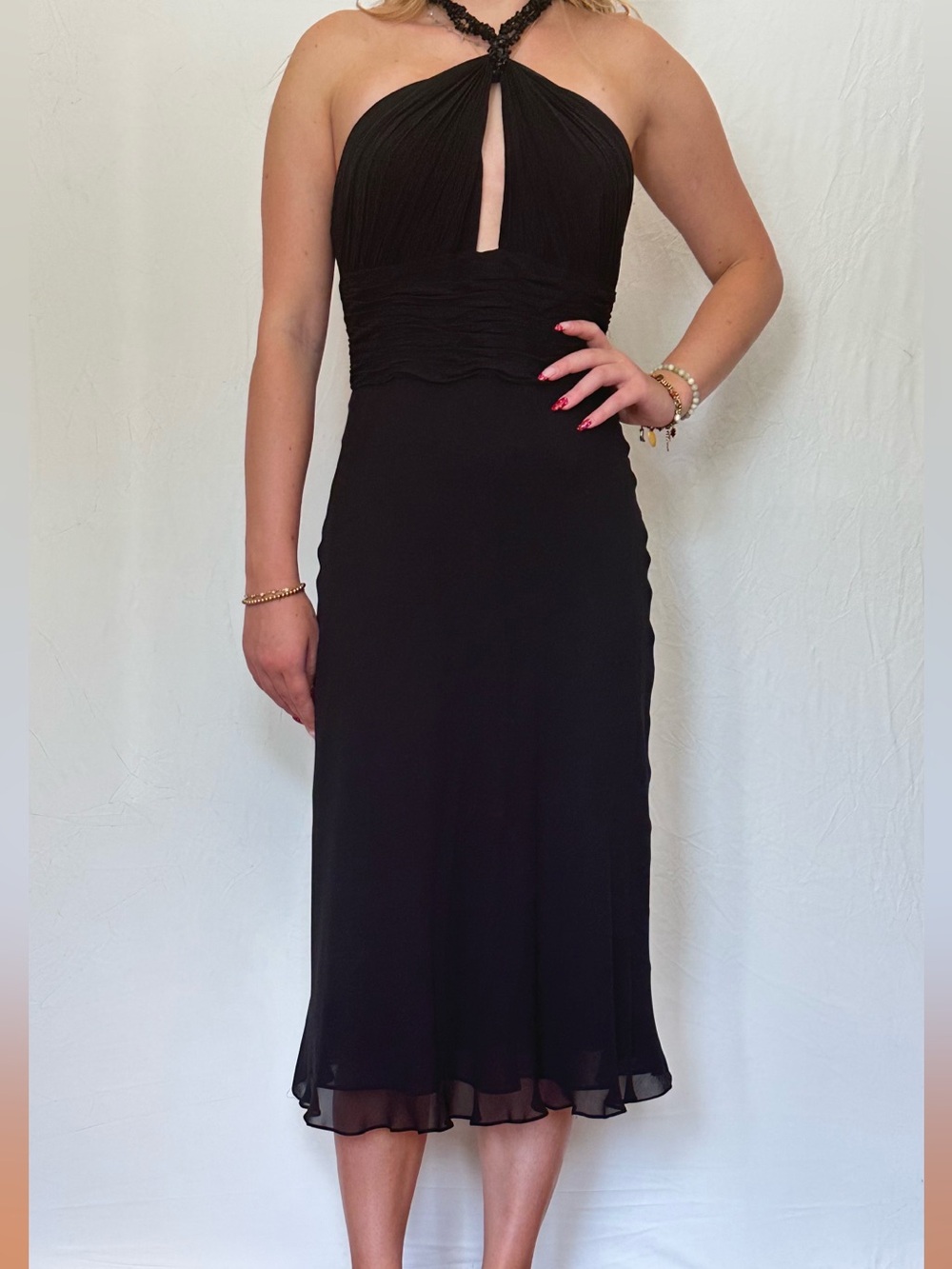 Black Halter Midi Dress with Braided Neckline